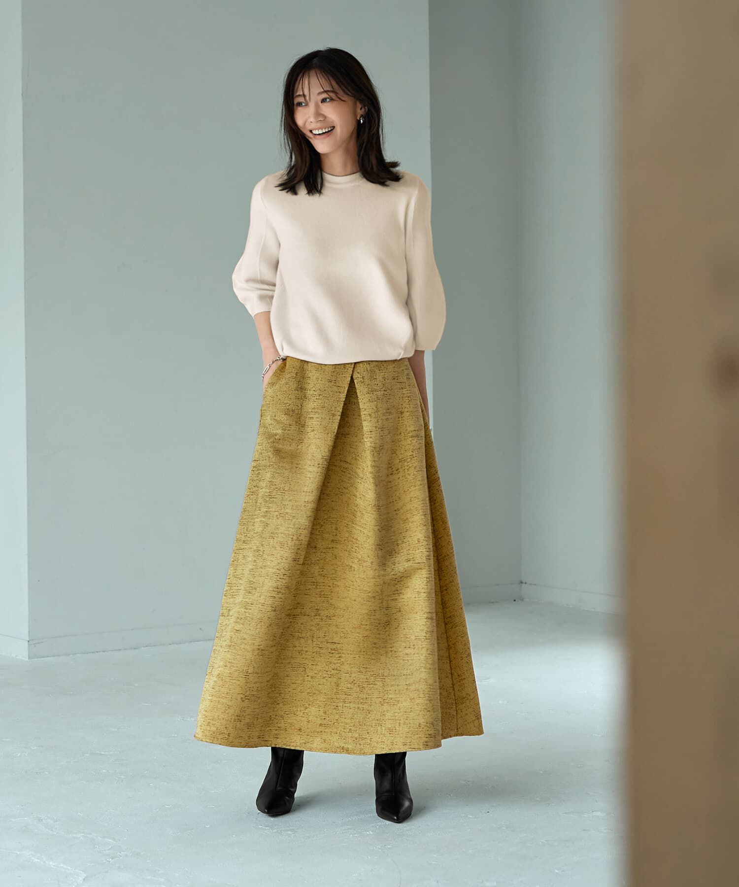 STYLE DELI「【LUXE】微光沢ジャガードマキシ丈タックスカート／90cm」|スカート|