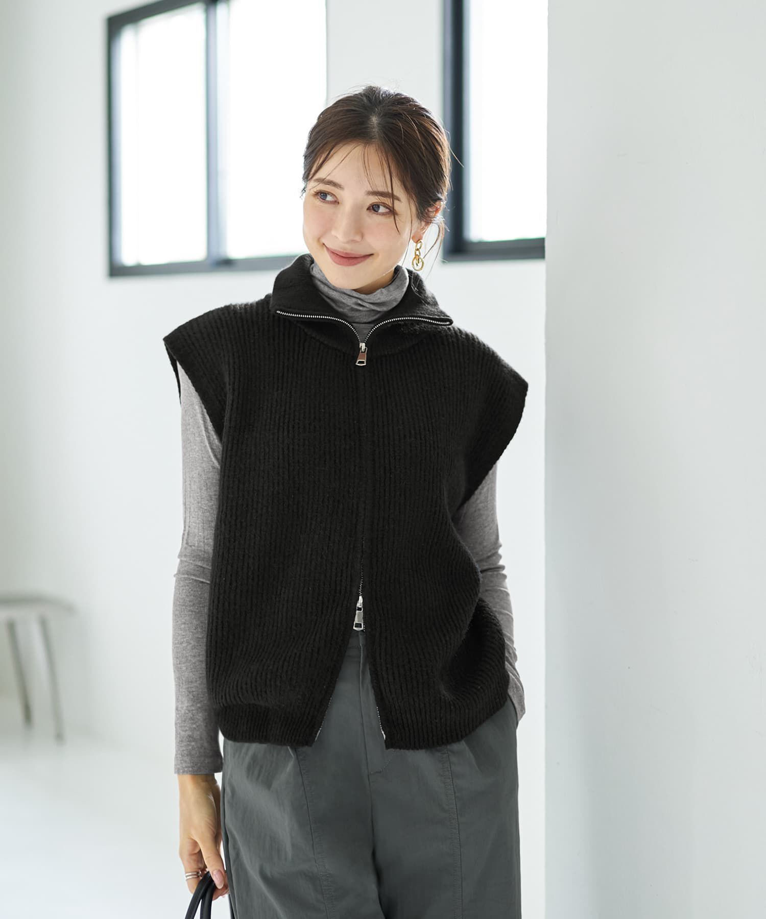 STYLE DELI「Wファスナースタンドネックニットベスト」|ニット・セーター|ブラック