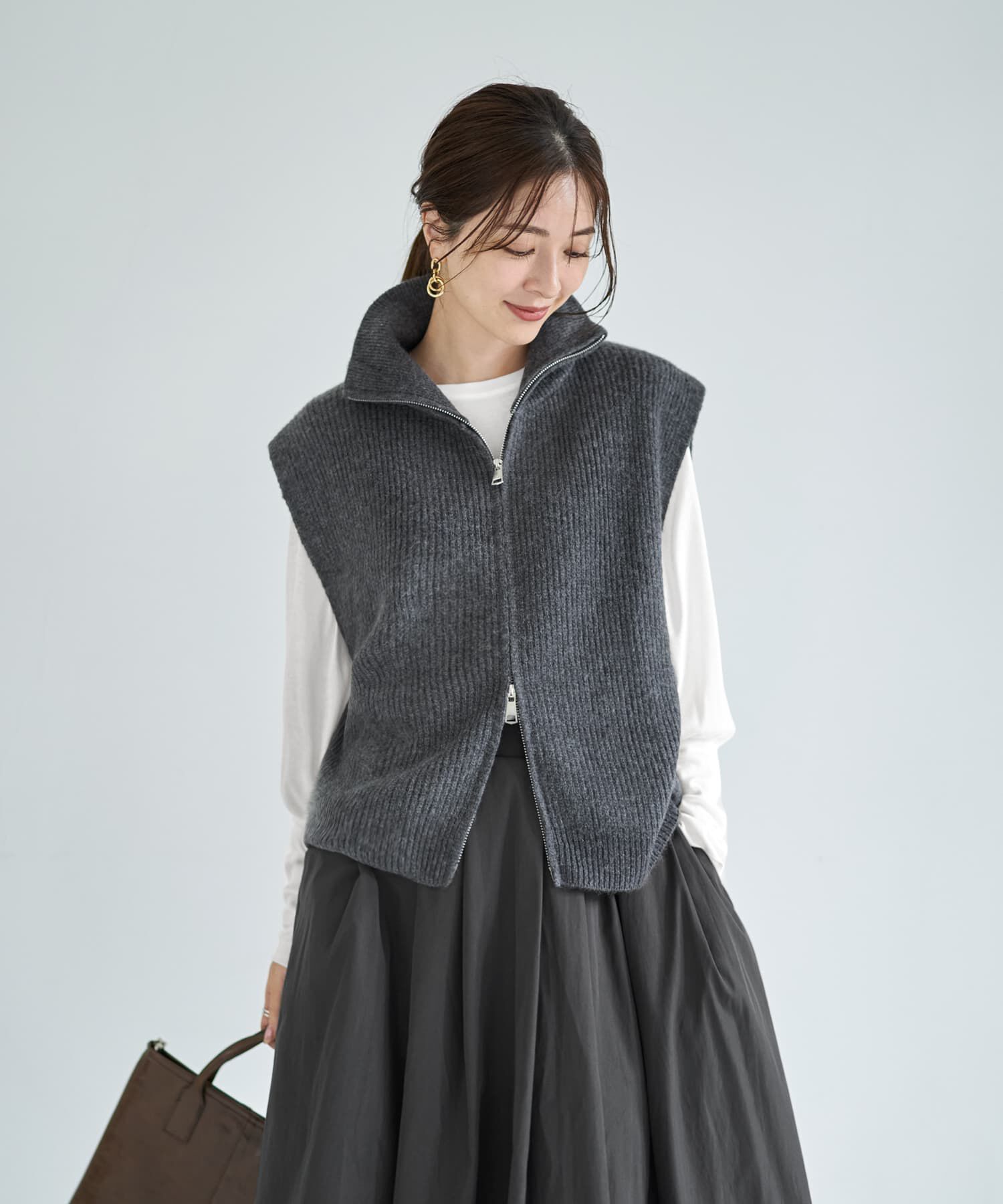 STYLE DELI「Wファスナースタンドネックニットベスト」|ニット・セーター|グレー