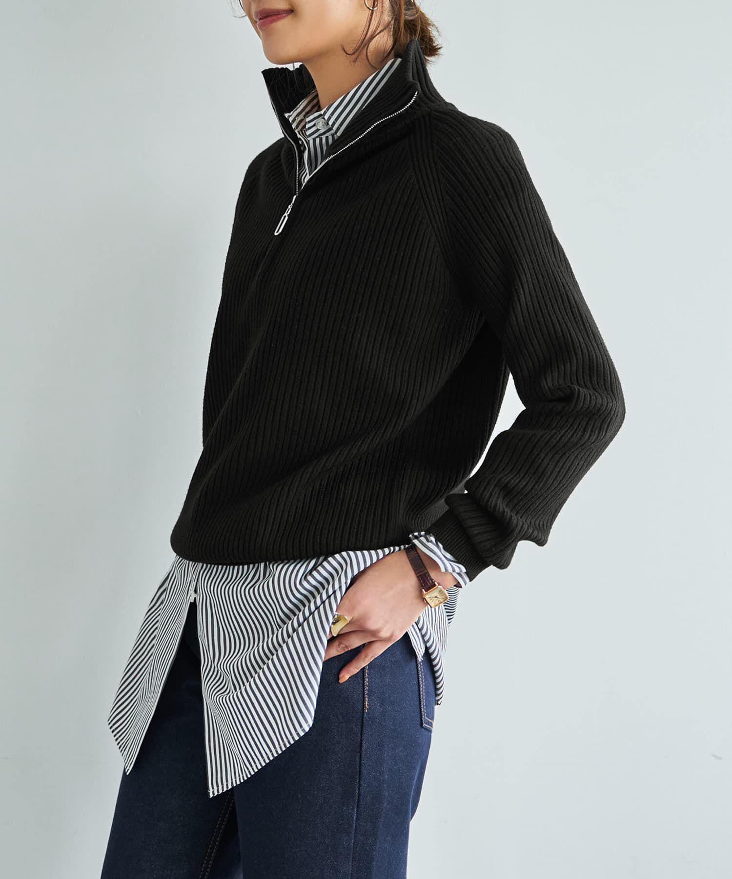 STYLE DELI「スタンドネックジップニットトップス」|ニット・セーター|ブラック