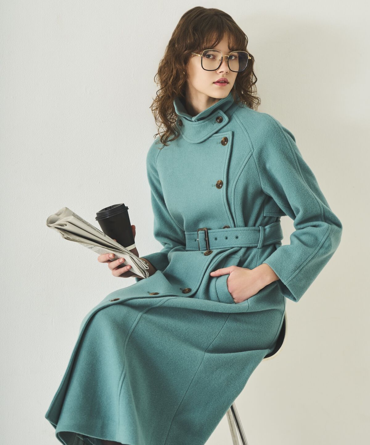 アンドクチュール「ウールモッサアシメボタンロングコート」|ダウン|ﾀﾞｰｸｸﾞﾘｰﾝ