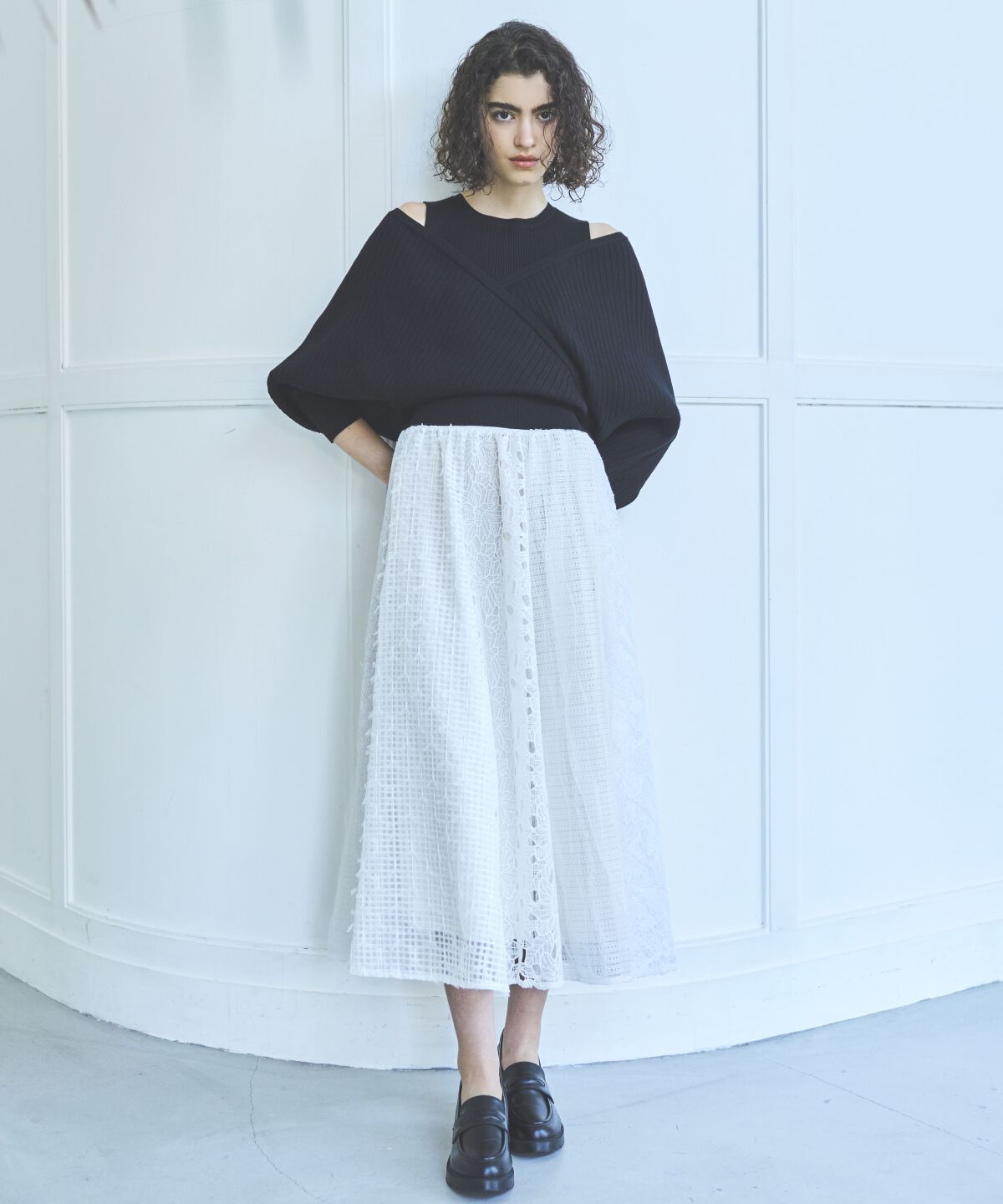 アンドクチュール「ウエストリブレースMIXロングスカート」|フレア|