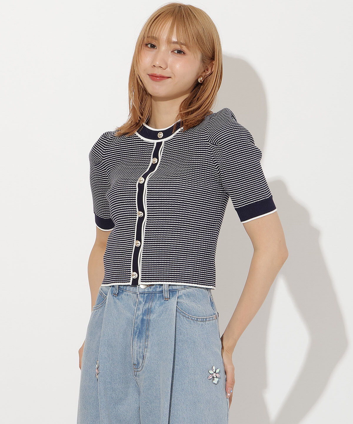 アンドクチュール「ボーダー配色5分袖プルオーバー」|ニット・セーター|