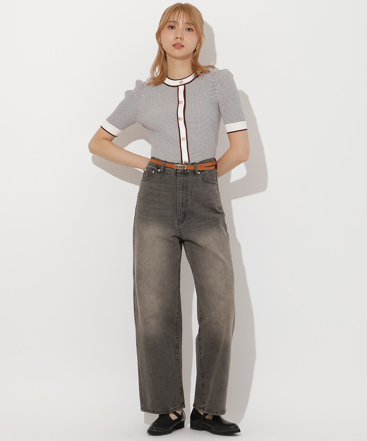 アンドクチュール「ボーダー配色5分袖プルオーバー」|ニット・セーター|