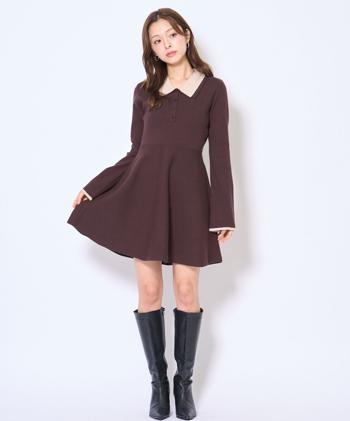 アンドクチュール「バイカラーポロニットフレアミニワンピース」|ワンピース|