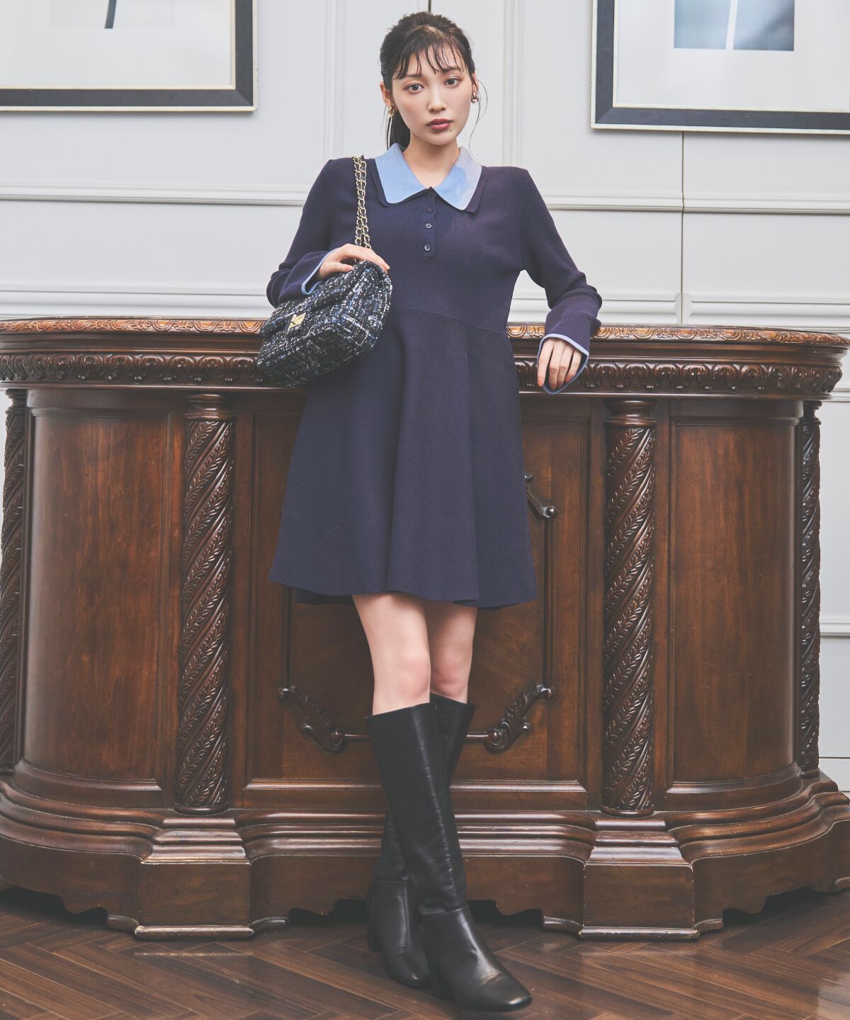 アンドクチュール「バイカラーポロニットフレアミニワンピース」|ワンピース|ネイビー