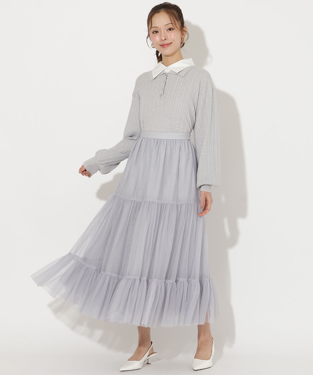 アンドクチュール「チュールティアードギャザースカート」|フレア|ライトグレー