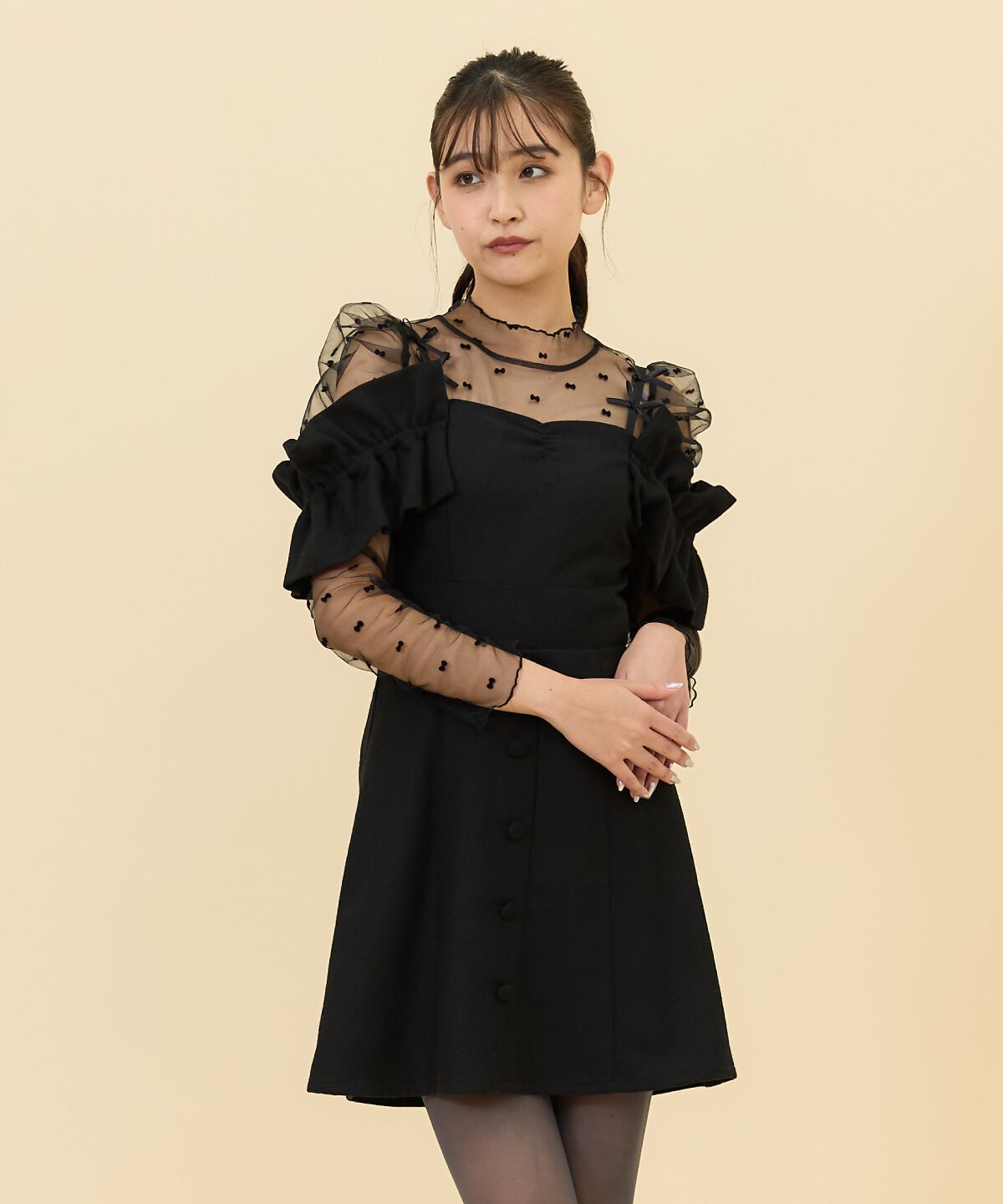 REDYAZEL「シャーリングショルダーミニワンピース」|ワンピース|ブラック