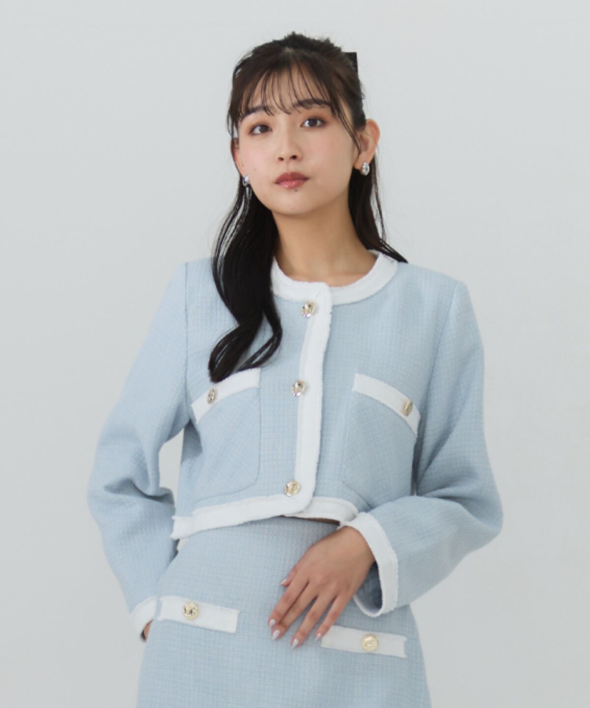 REDYAZEL「ファンシーツイードジャケット」|ノーカラージャケット|サックス