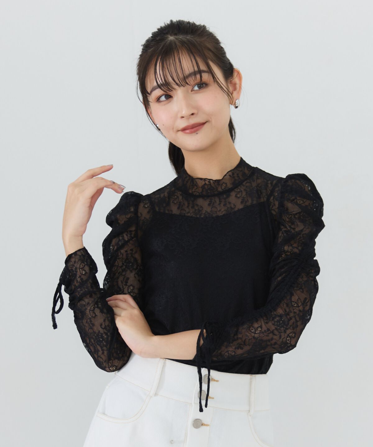 REDYAZEL「シャーリングスリーブレースブラウス」|Tシャツ・カットソー|黒系ｼﾞｬｶﾞｰﾄﾞ