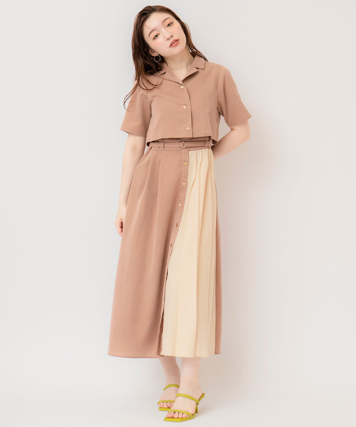 REDYAZEL「バイカラーアシメプリーツシャツワンピース」|ワンピース|