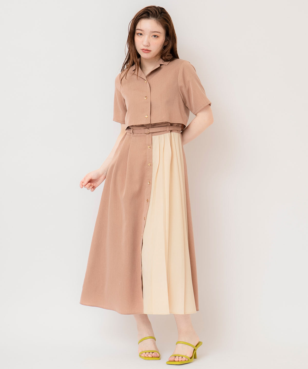 REDYAZEL「バイカラーアシメプリーツシャツワンピース」|ワンピース|