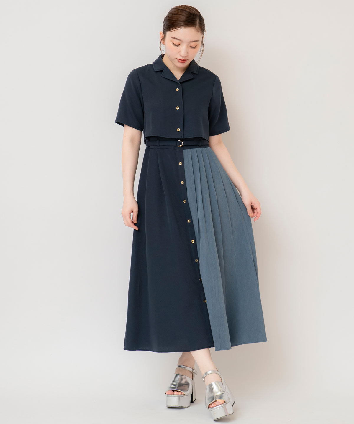 REDYAZEL「バイカラーアシメプリーツシャツワンピース」|ワンピース|