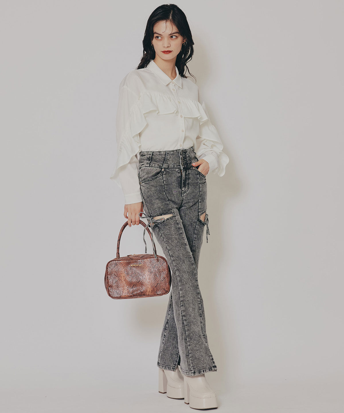 REDYAZEL「カットアウトリボンストレッチデニム」|デニム|