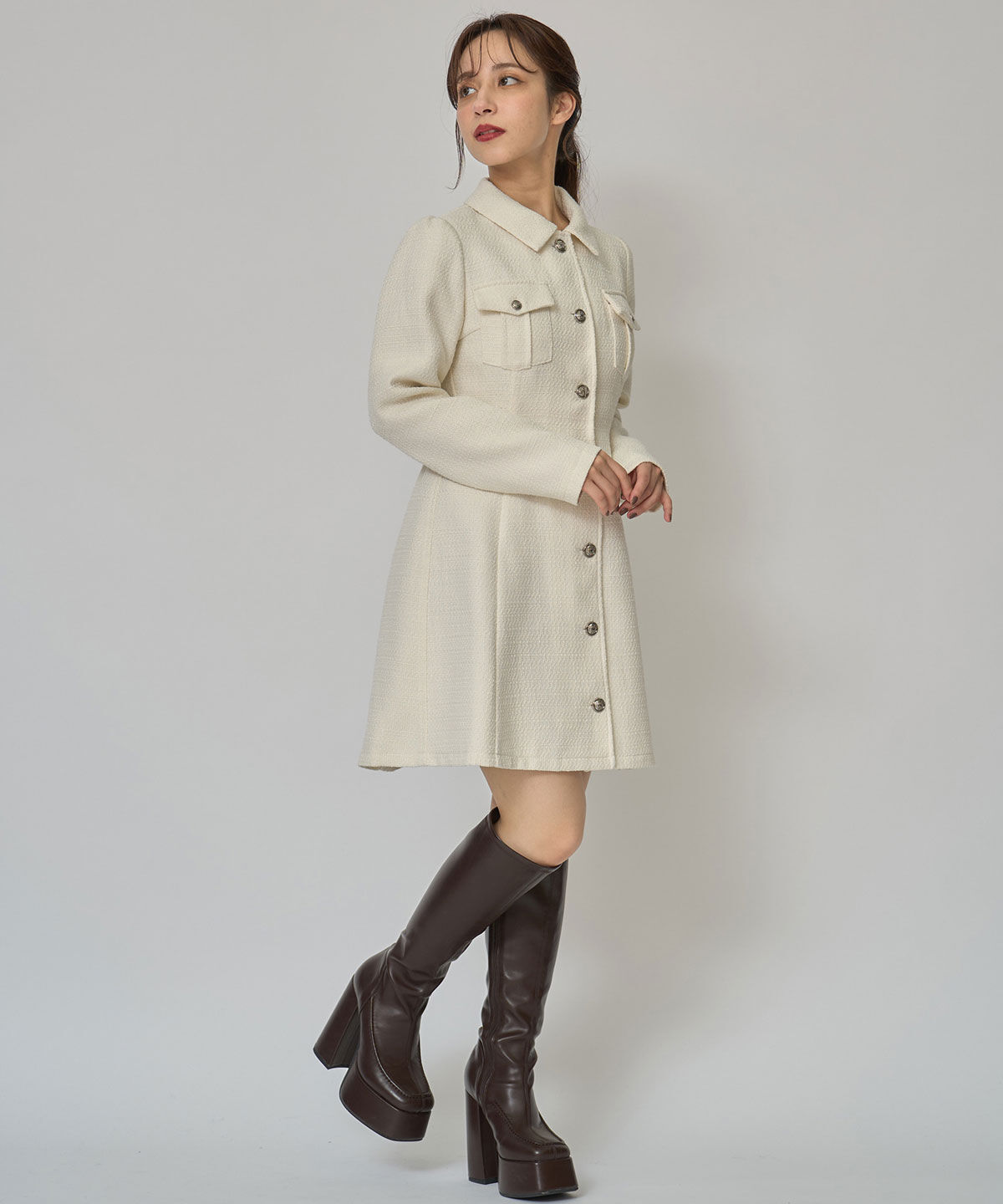 REDYAZEL「エンブレムボタンツイードシャツミニワンピース」|ワンピース|