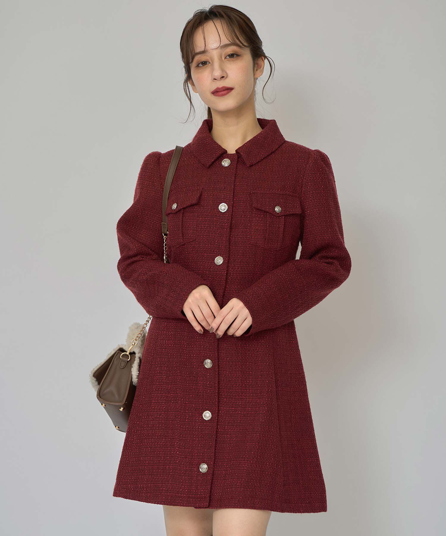 REDYAZEL「エンブレムボタンツイードシャツミニワンピース」|ワンピース|ボルドー