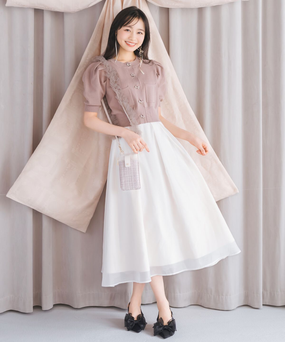 WILLSELECTION「ビジューリボンタックスリーブカーディガン」|カーディガン|