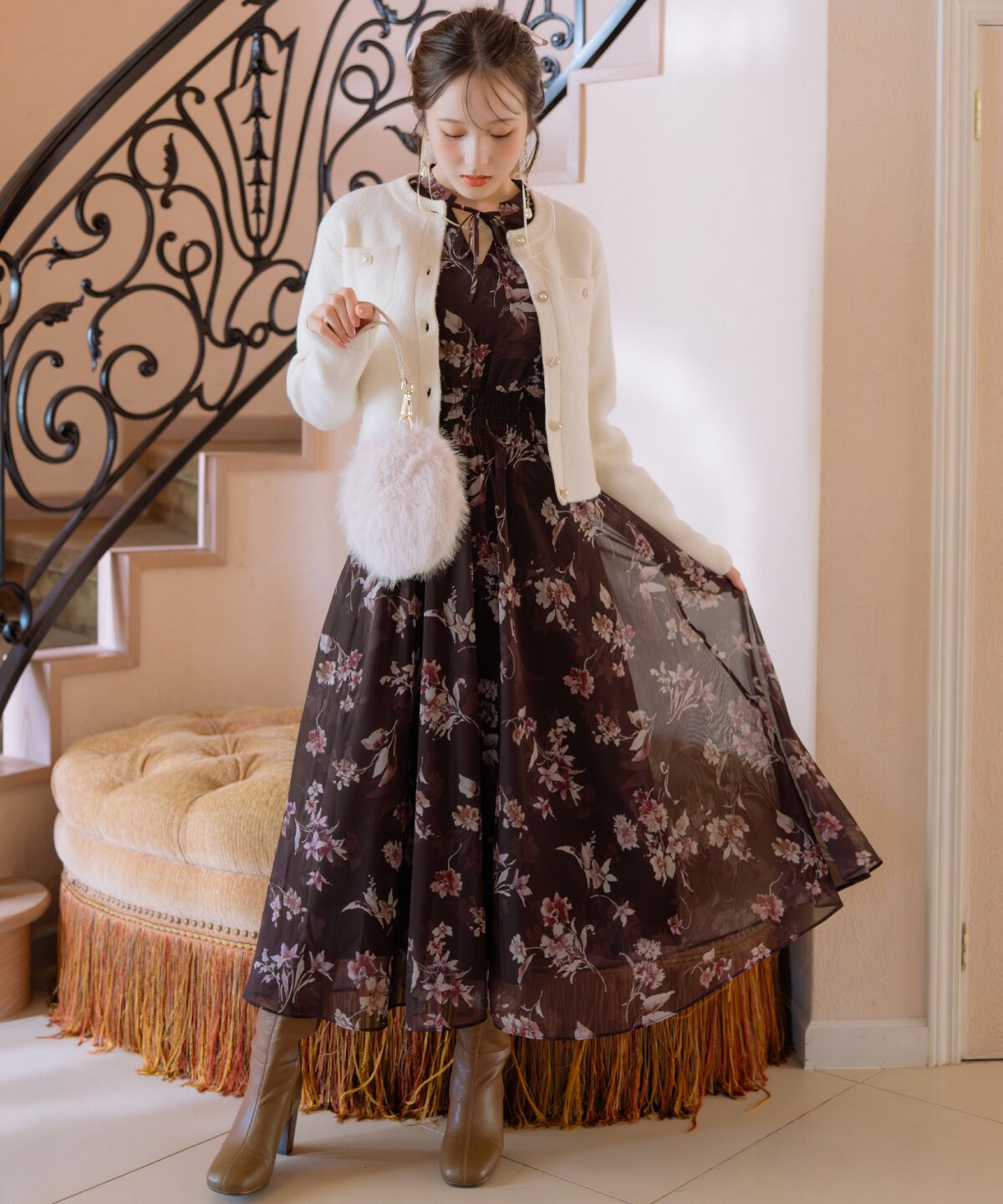 WILLSELECTION「フラワープリントウエストシャーリングワンピース」|ワンピース|