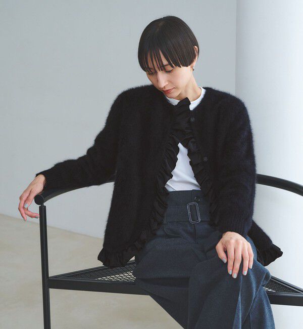 UNITED ARROWS「フォックスカシミヤ フリルコンビ カーディガン」|カーディガン|BLACK