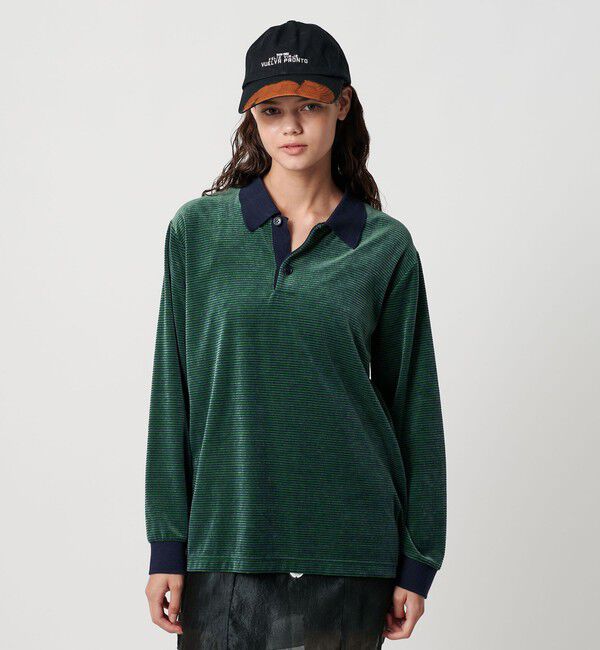 ATTISESSION「＜ATTISESSION＞ベロア ボーダー ポロシャツ」|ポロシャツ|DK.GREEN
