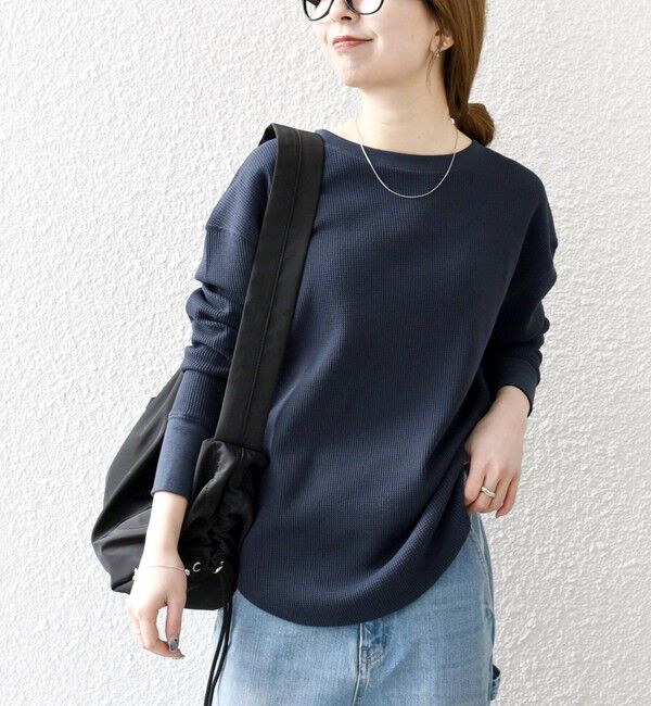 SHIPS any「SHIPS any:〈洗濯機可能〉ワッフル  レースアップ ラウンドヘム プルオーバー」|Tシャツ・カットソー|ネイビー