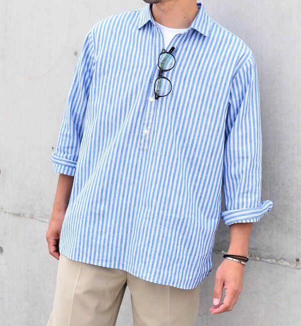 SHIPS any「SHIPS any: 〈洗濯機可能〉コットン / リネン ブルー ストライプ 7分袖 プルオーバーシャツ◇」|シャツ・ブラウス|