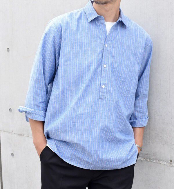SHIPS any「SHIPS any: 〈洗濯機可能〉コットン / リネン ブルー ストライプ 7分袖 プルオーバーシャツ◇」|シャツ・ブラウス|