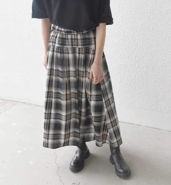 SHIPS any「SHIPS any:〈洗濯機可能〉ペール チェック ギャザー フレア スカート」|スカート|ブラック