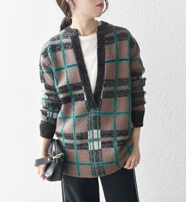 SHIPS any「SHIPS any:〈手洗い可能〉チェック ジャカード スキッパー 深Vネック ニット」|ニット・セーター|ブラウン