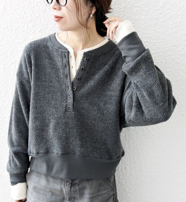 SHIPS any「SHIPS any:〈手洗い可能〉起毛 ワッフル ヘンリーネック コンパクト プルオーバー」|Tシャツ・カットソー|チャコールグレー
