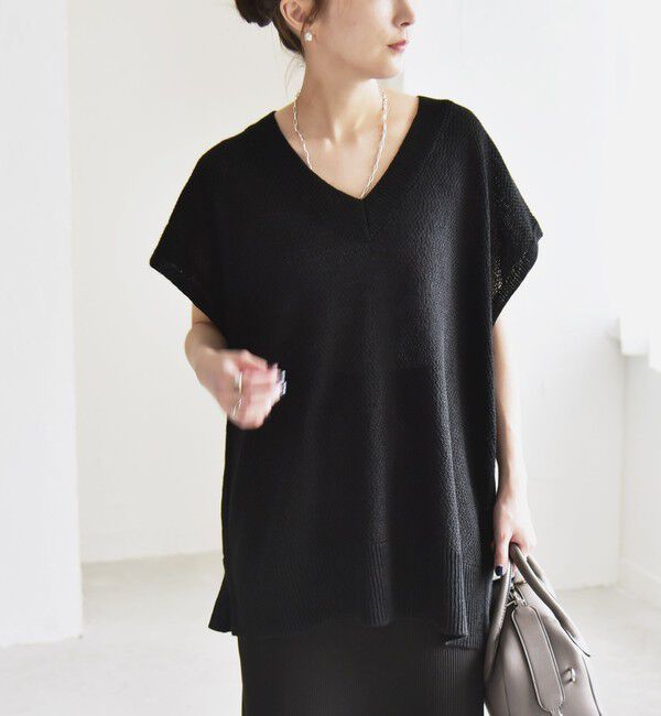 quaranciel「quaranciel:〈手洗い可能〉ラミー ミックス Vネック ノースリーブ シアー ニット」|ニット・セーター|
