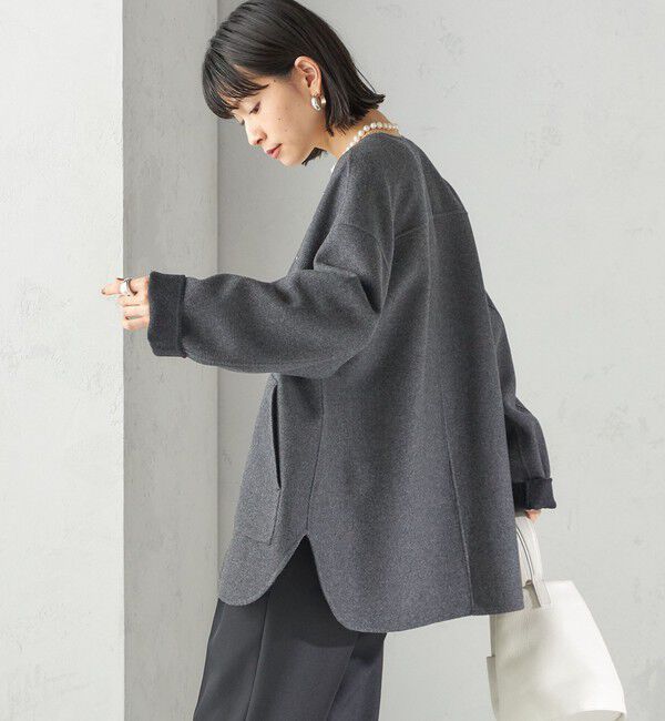 SHIPS for women「セミ 梳毛 配色 リバーシブル ノーカラー ショート コート」|ノーカラーコート|