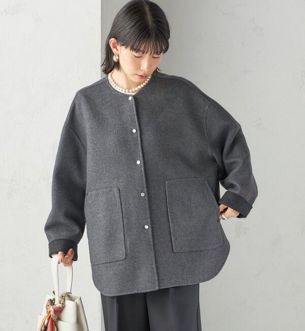 SHIPS for women「セミ 梳毛 配色 リバーシブル ノーカラー ショート コート」|ノーカラーコート|