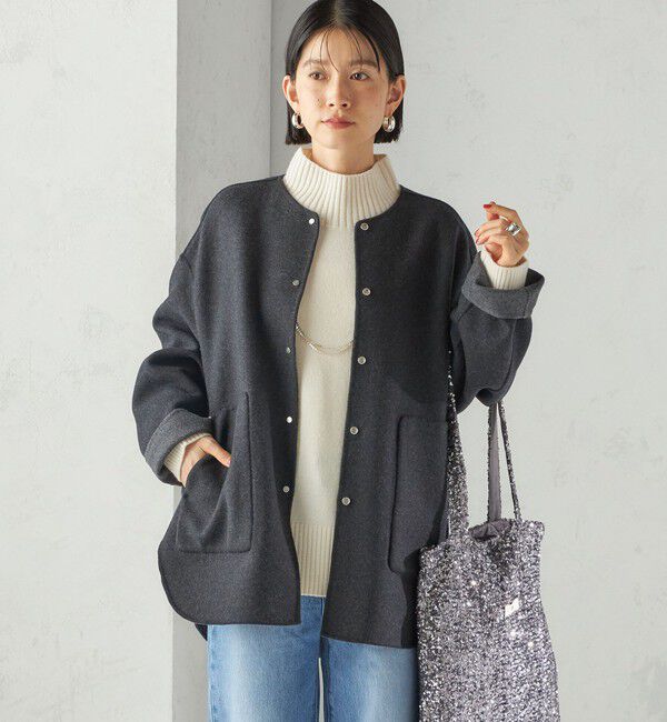 SHIPS for women「セミ 梳毛 配色 リバーシブル ノーカラー ショート コート」|ノーカラーコート|