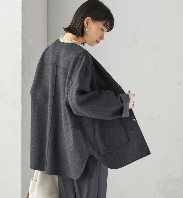 SHIPS for women「セミ 梳毛 配色 リバーシブル ノーカラー ショート コート」|ノーカラーコート|