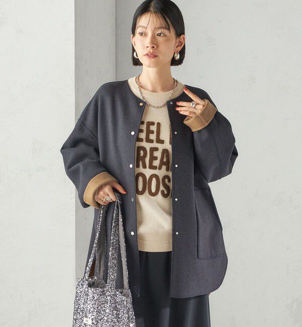 SHIPS for women「セミ 梳毛 配色 リバーシブル ノーカラー ショート コート」|ノーカラーコート|