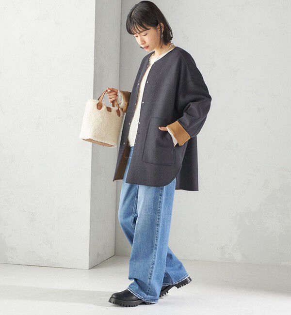 SHIPS for women「セミ 梳毛 配色 リバーシブル ノーカラー ショート コート」|ノーカラーコート|