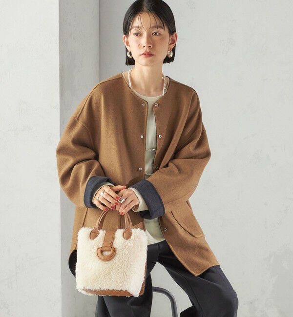 SHIPS for women「セミ 梳毛 配色 リバーシブル ノーカラー ショート コート」|ノーカラーコート|