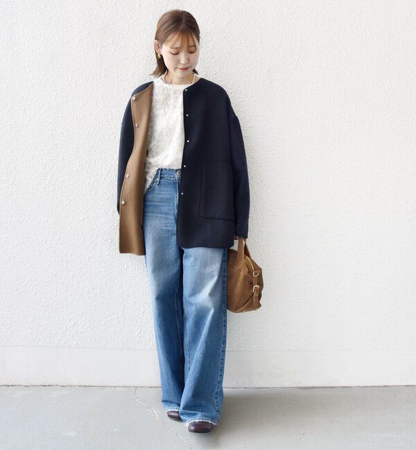 SHIPS for women「セミ 梳毛 配色 リバーシブル ノーカラー ショート コート」|ノーカラーコート|