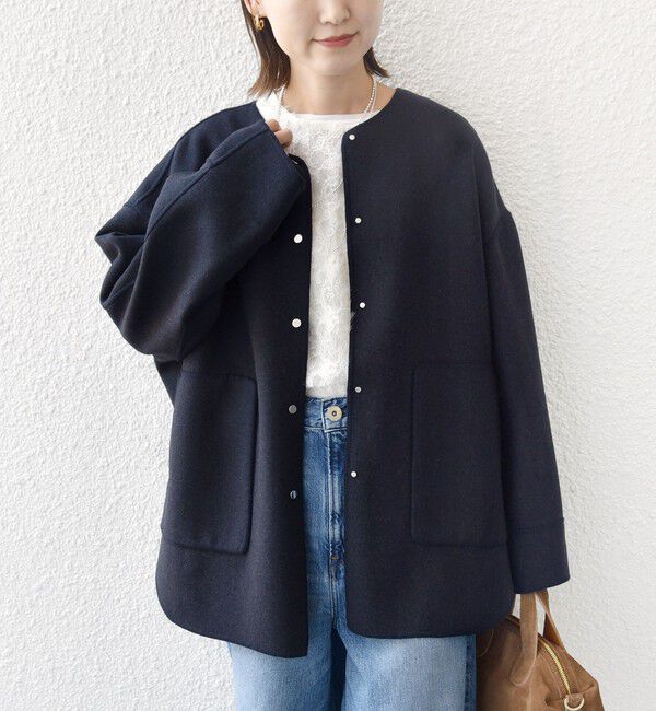 SHIPS for women「セミ 梳毛 配色 リバーシブル ノーカラー ショート コート」|ノーカラーコート|