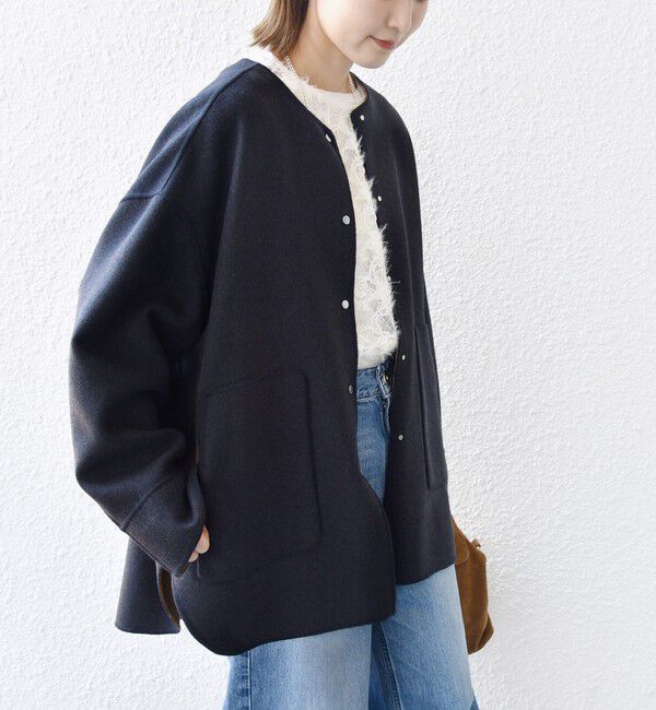 SHIPS for women「セミ 梳毛 配色 リバーシブル ノーカラー ショート コート」|ノーカラーコート|