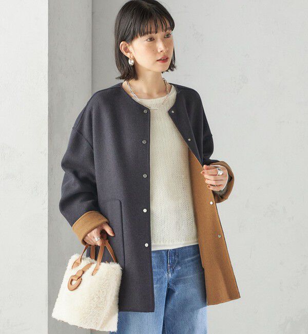 SHIPS for women「セミ 梳毛 配色 リバーシブル ノーカラー ショート コート」|ノーカラーコート|