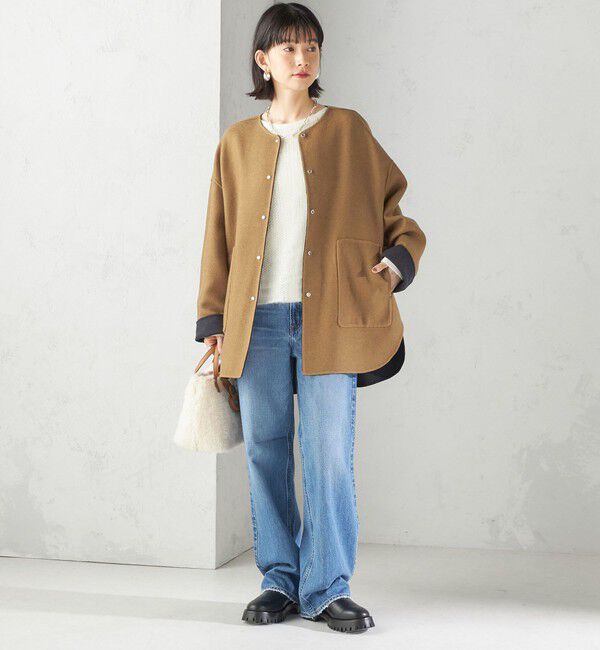 SHIPS for women「セミ 梳毛 配色 リバーシブル ノーカラー ショート コート」|ノーカラーコート|