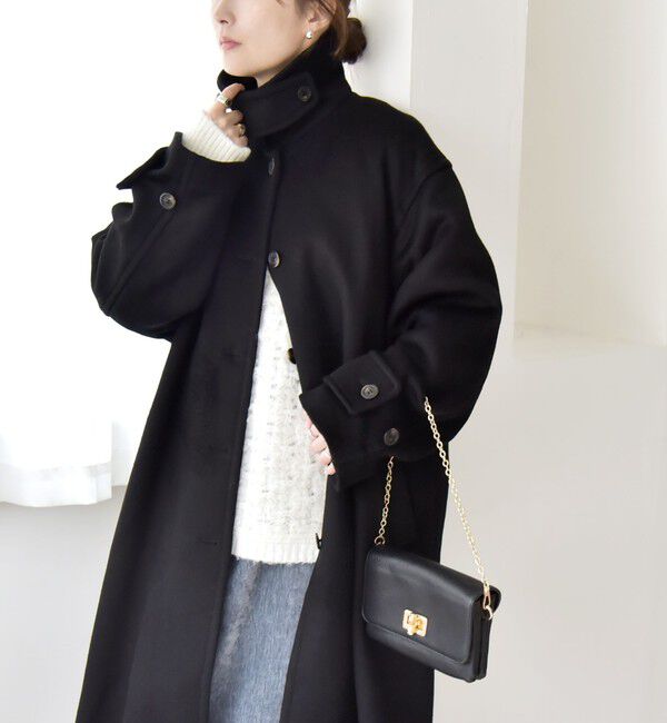 quaranciel「quaranciel: PURE WOOL スタンド & ステンカラー ロング コート」|ステンカラーコート|ブラック