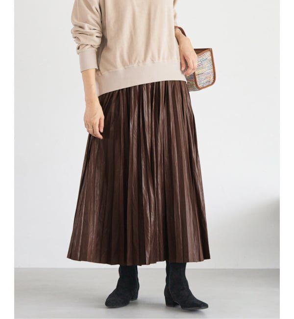 IENA「レザーライクサテンプリーツスカート」|スカート|ブラウン