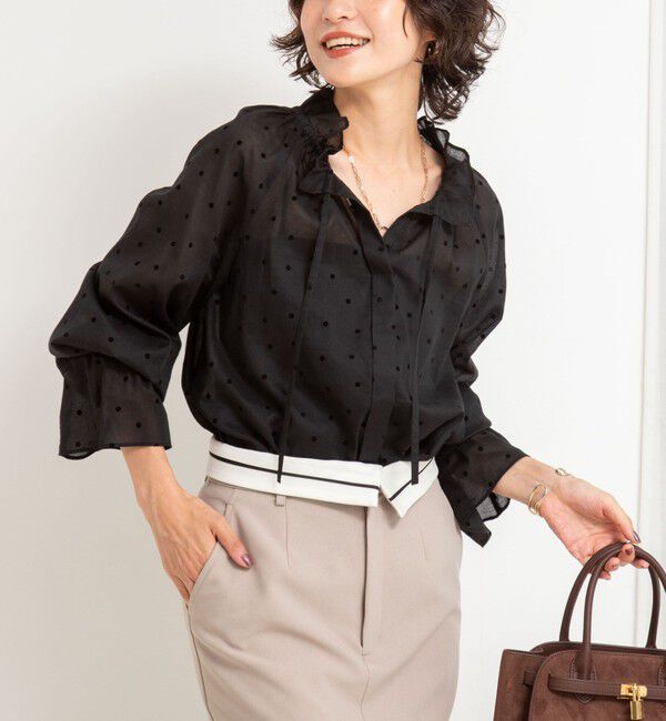 NOLLEY'S sophi「ドットフロッキーフリルネックブラウス」|シャツ・ブラウス|ブラック系その他