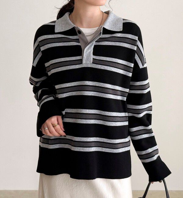 fredy emue「ラガーボーダーニットプルオーバー」|ニット・セーター|ブラック系その他