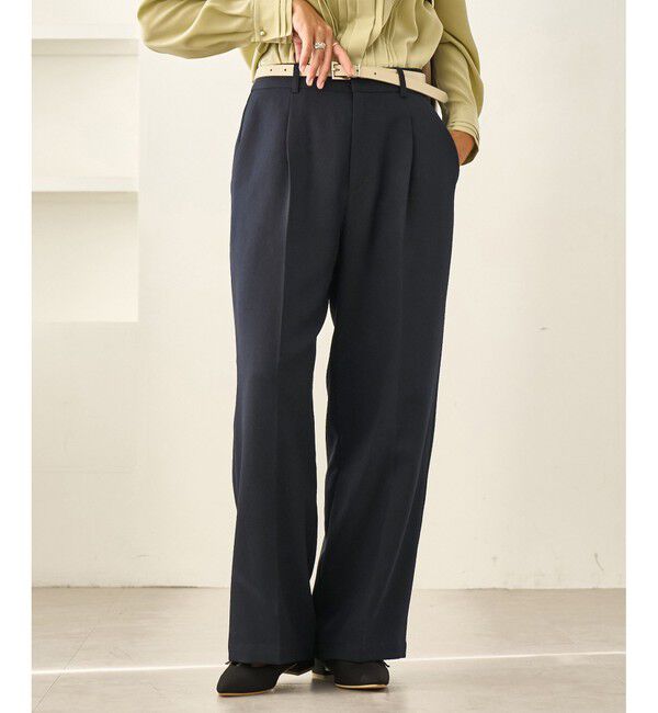 Rope&rsquo;Picnic「レディハンサムシリーズ ウールライクウエストタックセミワイドパンツ/セットアップ対応」|スラックス|ネイビー(40)