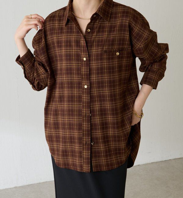  「メタルボタンチェックシャツ」|シャツ・ブラウス|ブラウン