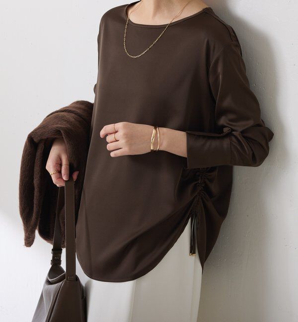  「サテンサイドドロストTブラウス」|シャツ・ブラウス|ダークブラウン